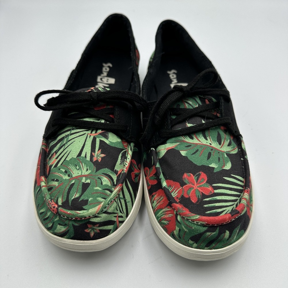Sanuk Shoes Womens Size 9 Black Floral Tropical Canvas Lace Up Boat Loafers